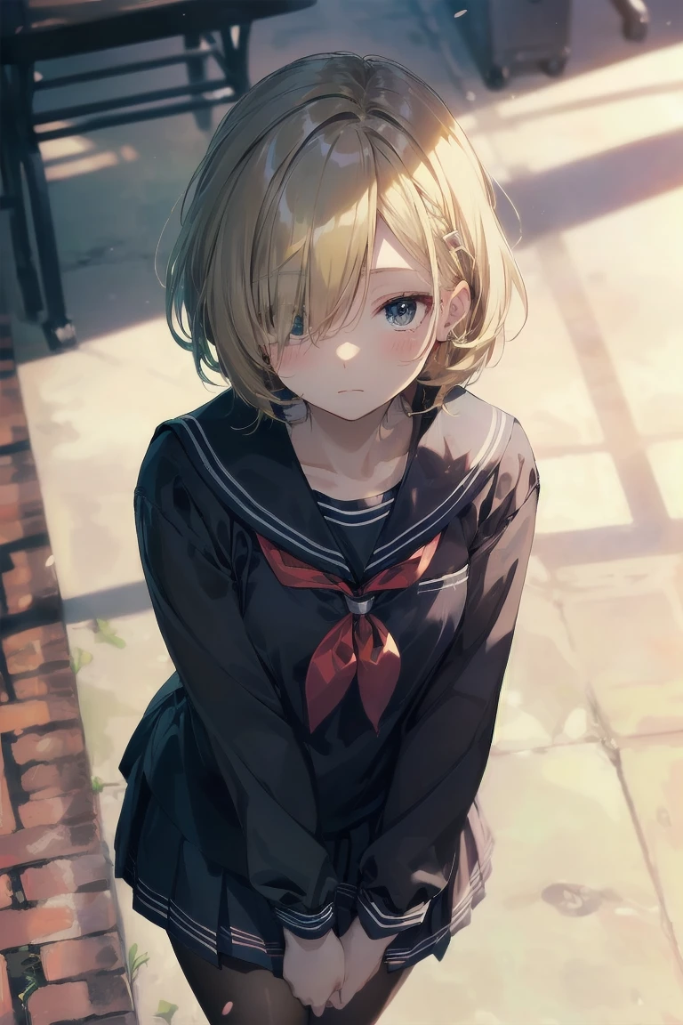 highest quality, anime moe art style,Best Anime 8K Kona-chan Wallpaper,Pixiv contest winners,perfect anatomy, (Please draw a girl walking sleepily to school.. ),break, 1 girl, (alone,,,:1.3),high school student, short hair, amount, (hair above one eye:1.7), frown，All limbs, full finger,medium breasts, between legs, small eyes,Precise black eyes, hair clip, (sailor suit:1.5),(school uniform:1.5) skirt,On the way to school. break,Super detailed,High resolution,super dense skin, professional lighting,8K eye details, (cute illustration:1.2),blonde，blonde hair，No expression，(hair over one eye:1.5)，sailor uniform