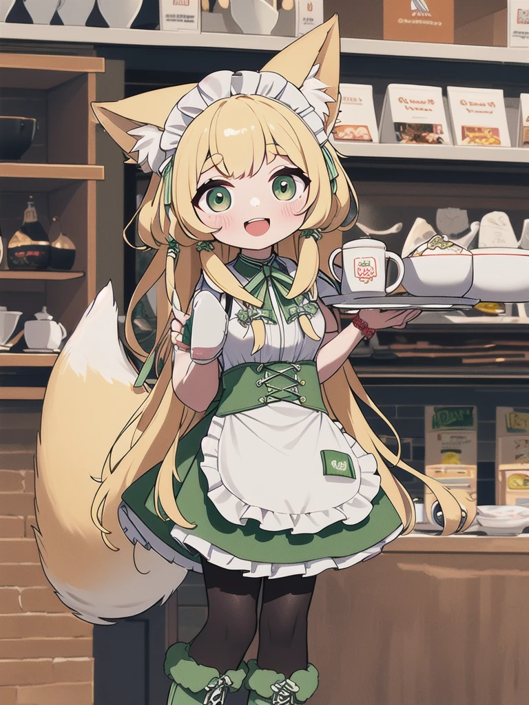 Highest quality, masterpiece,1 Girl,alone,Yellow round eyebrows,Blonde Hair, Big fox ears,Big fox tail, ((Very long green eyes)),((Green maid apron)),((White ruffle skirt)),Small breasts,Coffee shop,have_Silver round tray,Green round dish on a tray,10 years old,White pantyhose,Green boa boots,((Chibi)),smile,Open your mouth wide,teeth