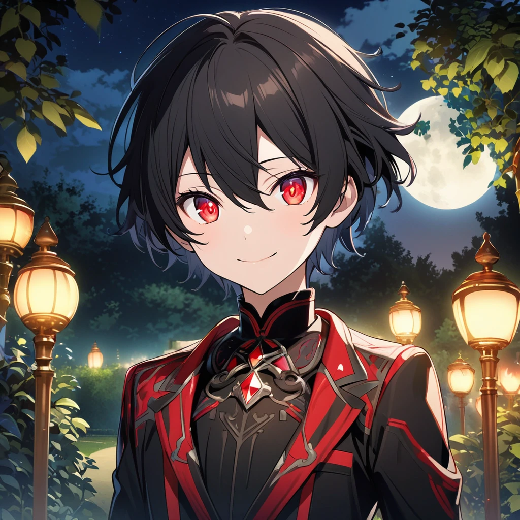 Aether \(AKB0048 Next Stage\), (short hair), (black hair), (bejeweled eyes), (red eyes):1.2, black costume, smiling gently, ((ultra-detailed)), ((illustration)), (neat hair)), (beautiful detailed eyes), (male), 1boy, ((garden, night, moon)), looking at viewer