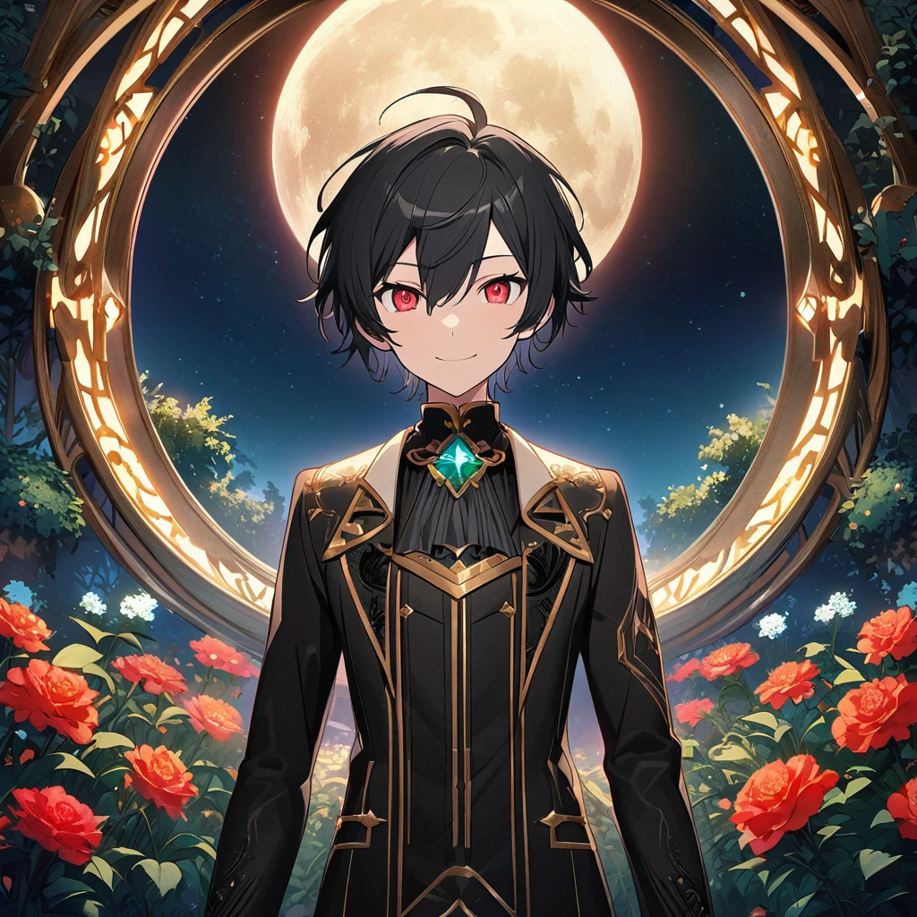 Aether \(AKB0048 Next Stage\), (short hair), (black hair), (bejeweled eyes), (red eyes):1.2, black costume, smiling gently, ((ultra-detailed)), ((illustration)), (neat hair)), (beautiful detailed eyes), (male), 1boy, ((garden, night, moon)), looking at viewer