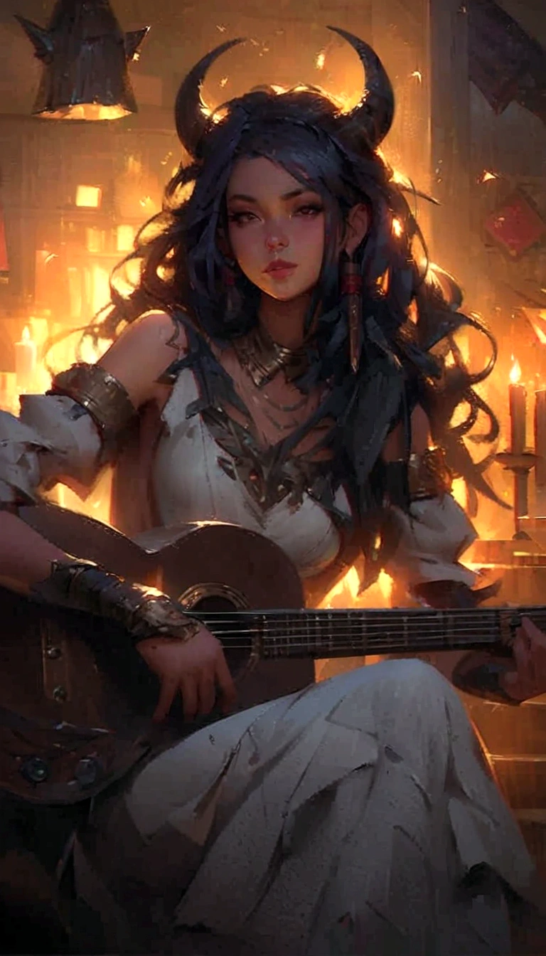 a woman with horns playing a guitar in a room with candles, artwork in the style of guweiz, artgerm and atey ghailan, guweiz, guweiz masterpiece, guweiz on pixiv artstation, ross tran 8 k, guweiz on artstation pixiv, by Ross Tran