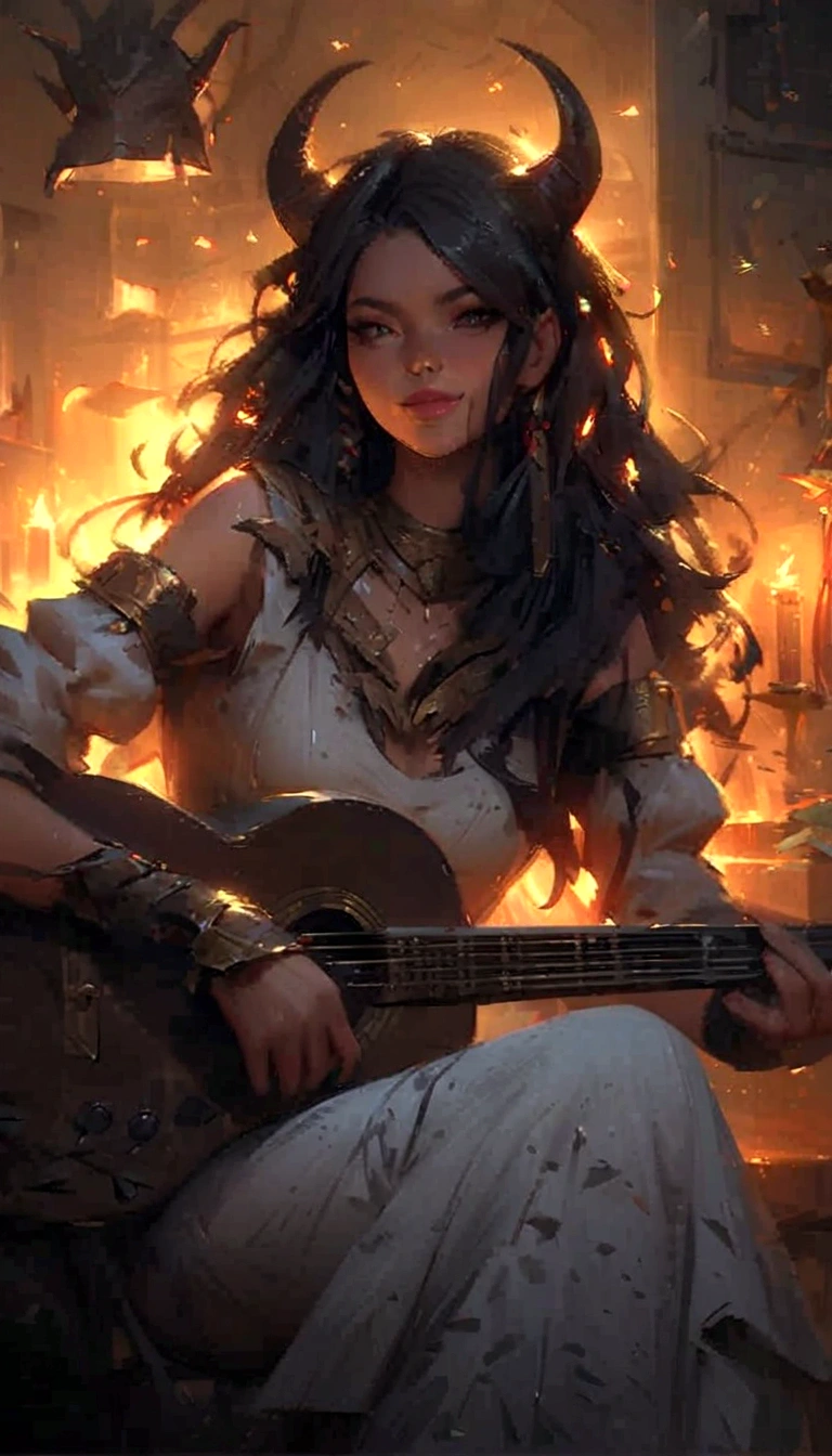 a woman with horns playing a guitar in a room with candles, artwork in the style of guweiz, artgerm and atey ghailan, guweiz, guweiz masterpiece, guweiz on pixiv artstation, ross tran 8 k, guweiz on artstation pixiv, by Ross Tran