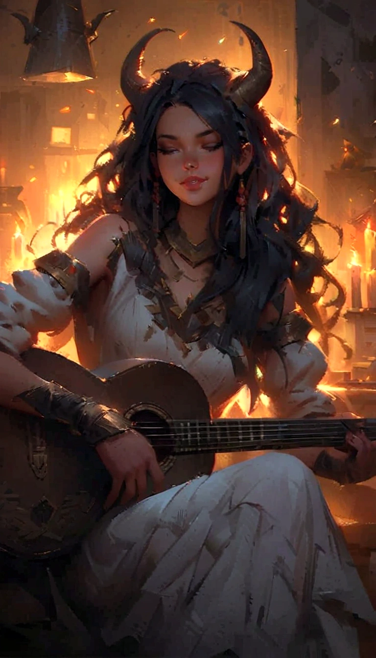 a woman with horns playing a guitar in a room with candles, artwork in the style of guweiz, artgerm and atey ghailan, guweiz, guweiz masterpiece, guweiz on pixiv artstation, ross tran 8 k, guweiz on artstation pixiv, by Ross Tran
