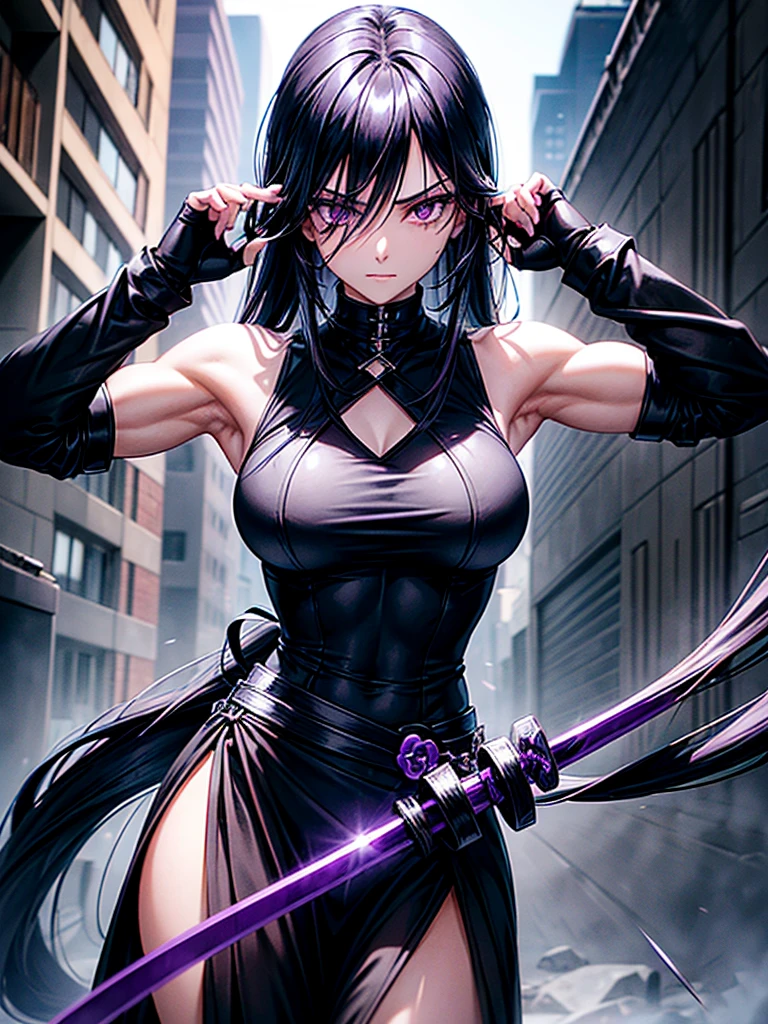 A girl with lazy really long black hair covering her right eye, sharp purple eyes, a muscularly lean body with strong forearms, wearing a black suit with a long black skirt, black thights, black gloves and violet jewelry and black chains, carrying a purple katana on her waist. Assassin in an urban city.