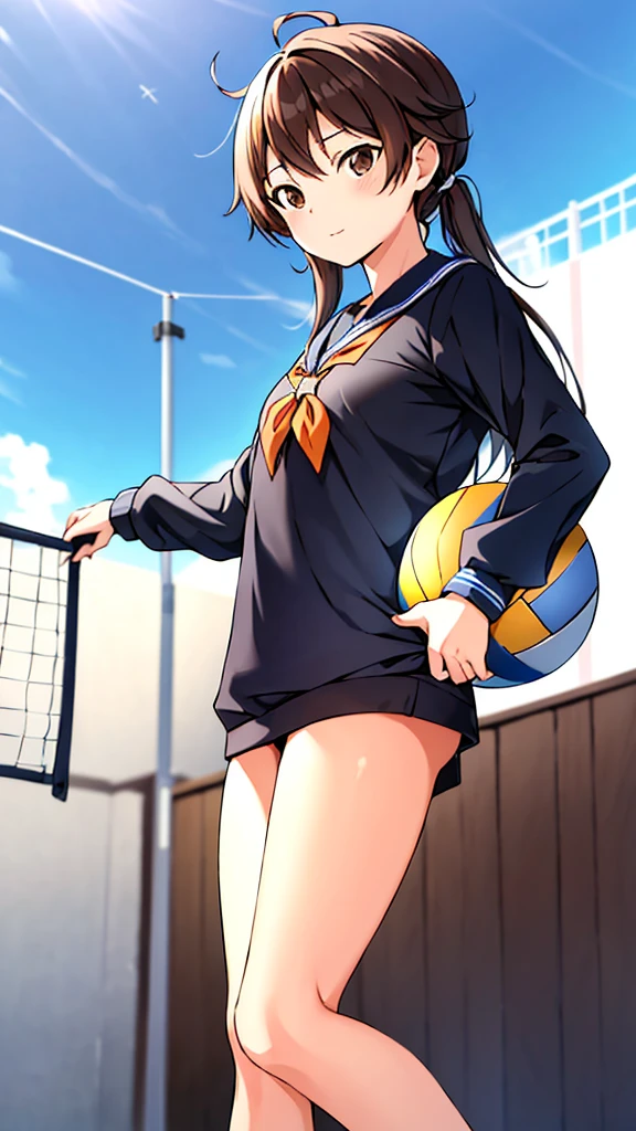 high res, masterpiece, lila long hair, alone, 1 girl, female, volleyball ball in her hands, outside,blue sky, woods, detailed brown eyes, wearing a black Japanese uniform sailor style 