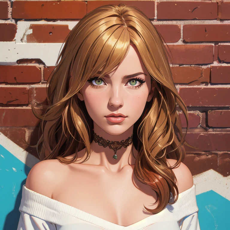 ultra realistic 8k cg, masterpiece, ((ultra detailed background, delicate pattern, intricate detail)), best quality, intricate details, chromatic aberration, 1girl, long hair, golden hair, messy hair, red highlights, hair over one eye, sharp eyes, choker, brick wall, graffiti, dim lighting, alley, oversized shirt,off shoulder, see through white shirt, Masterpiece, best quality