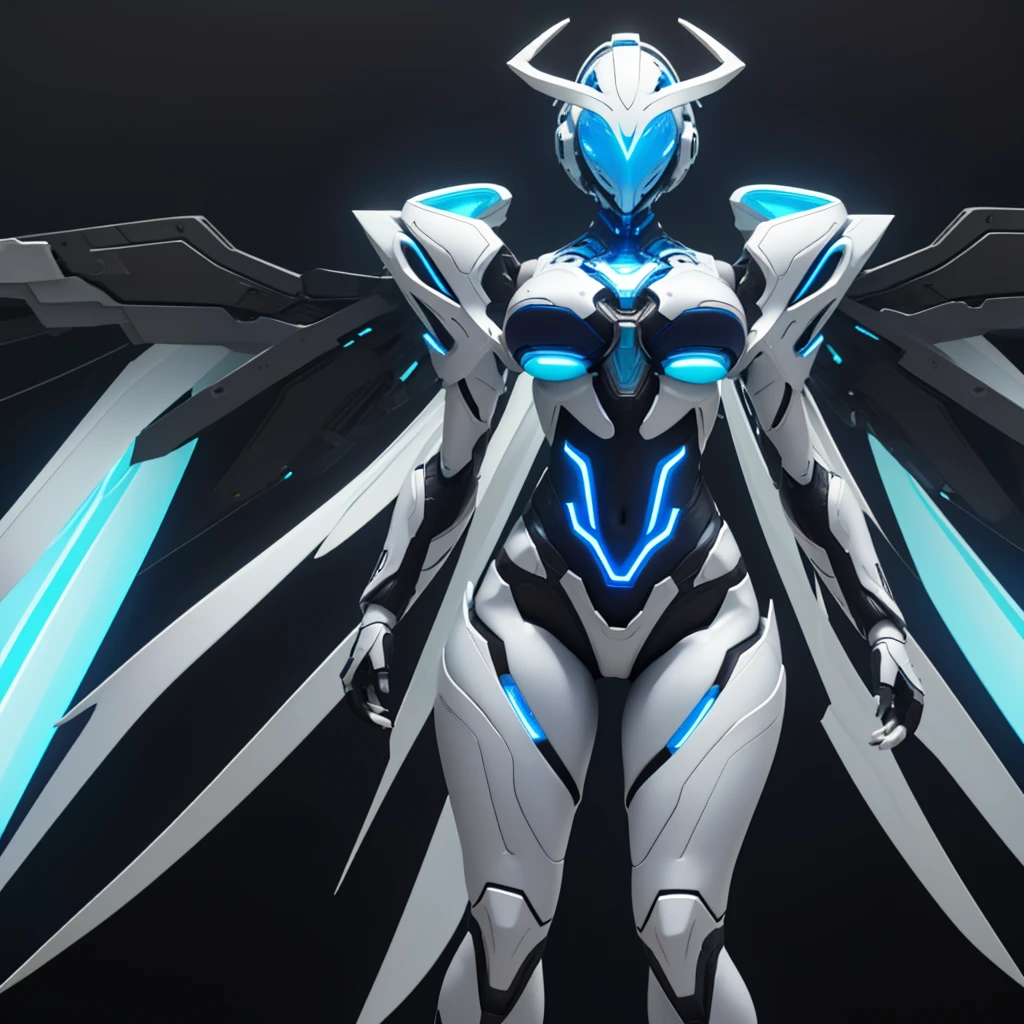 Dronificated unknown woman in a fully enclosed white latex fullbody suit with blue lights across the suit and star shaped glowing core in the chest, fully enclosed cyber helmet that cover her whole face and hides her identity with a blue screen that has a white star, huge breast, narrow waist, wide hips and thick thighs, Mechanical open wings, flying in the sky, no face, no hair, no mouth, no eyes, (perfect anatomy), (full body), (pov from below)