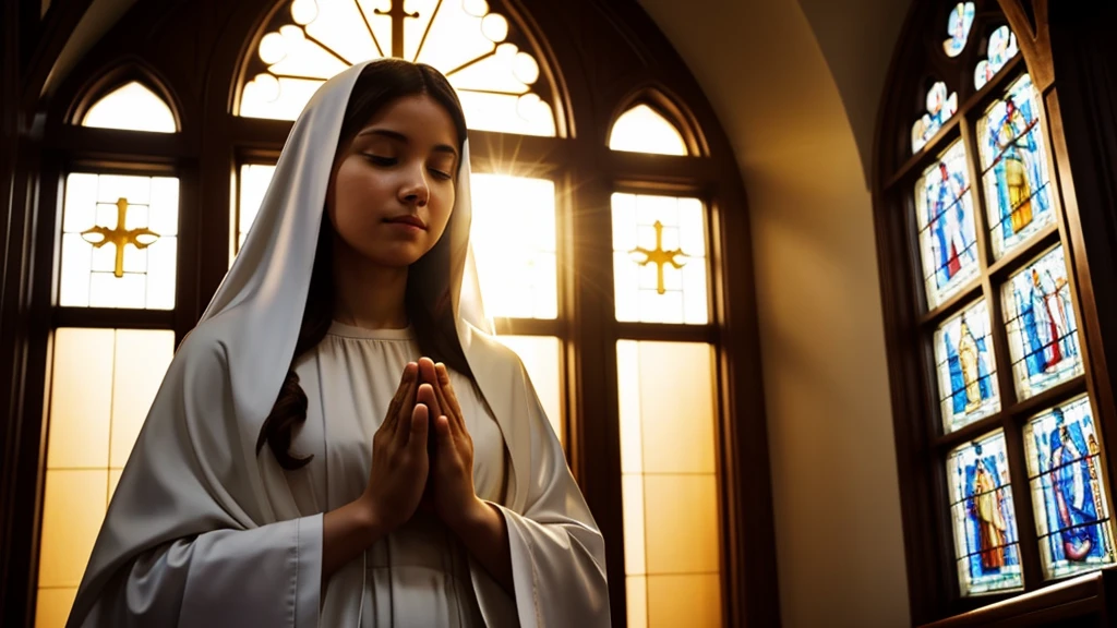Virgin Mary in church，prayer，There is sunshine by the window，serene facial features