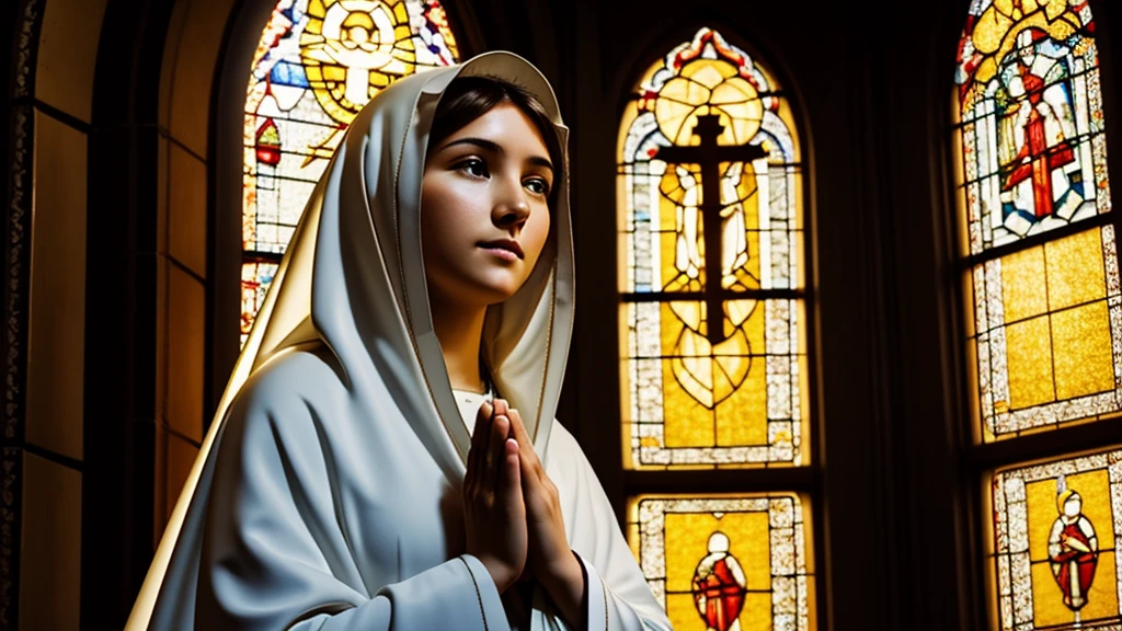 Virgin Mary in church，prayer，There is sunshine by the window，serene facial features