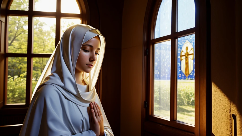 Virgin Mary in church,prayer,There is sunshine by the window,serene facial features
