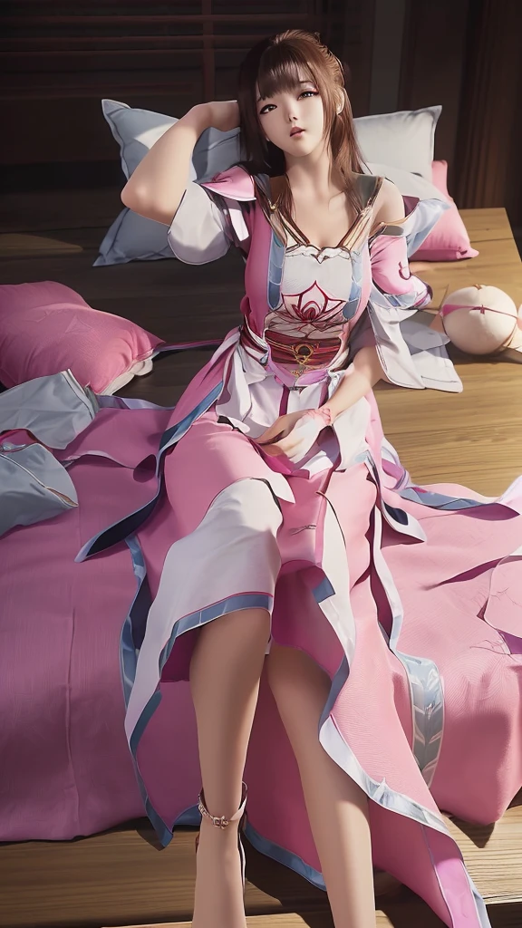 一个女孩Lying in bed，Face up，Raise your legs slightly，Front view super detailed beautiful big breasted girl 16 years old. Ultra HD, 4k, 8K, Movie，whole body，Lying down，Long legs，Very big breasts，whole body捕捉，（（（Lying in bed））），（（（whole bodyLying in bed））），Pink bed，Off-shoulder，Shoulder-length skirt，Lying in bed，Sleeping on the pillow，Lying down，Headrest pillows