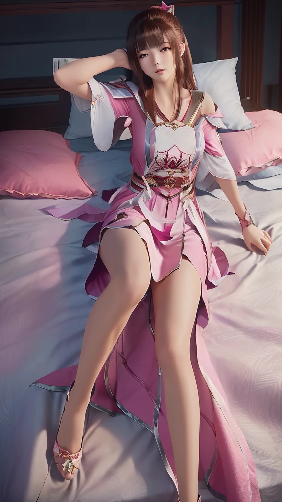 一个女孩Lying in bed,Face up,Raise your legs slightly,Front view super detailed beautiful big breasted girl 16 years old. Ultra HD, 4k, 8K, Movie,whole body,Lying down,Long legs,Very big breasts,whole body捕捉,(((Lying in bed))),(((whole bodyLying in bed))),Pink bed,Off-shoulder,Shoulder-length skirt,Lying in bed,Sleeping on the pillow,Lying down,Headrest pillows