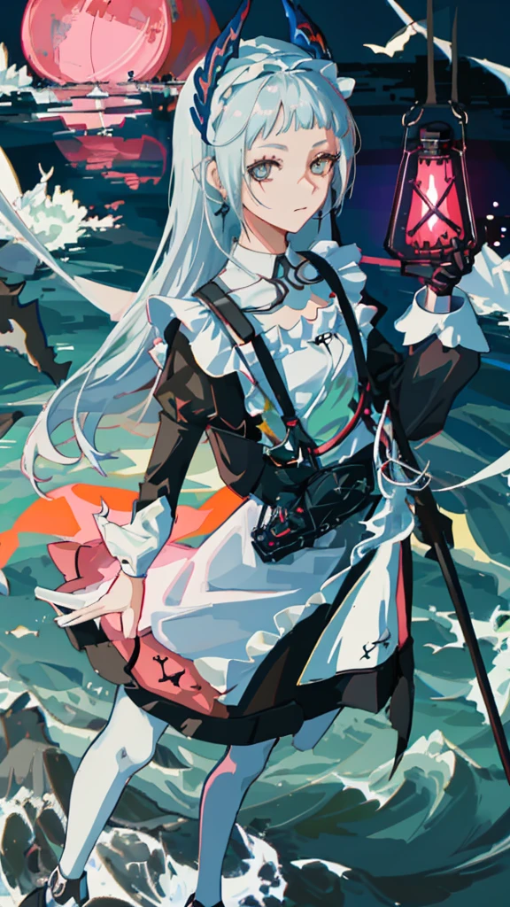 Anime girl standing in water with lantern carrying lantern, From Arknights, by Yang J, Guweiz in Pixiv ArtStation, trending on artstation pixiv, zerochan art, Guweiz on ArtStation Pixiv, dark fantasy style art, gothic maiden anime girl, Kushatt Krenz Key Art Women, Anime fantasy illustration,tmasterpiece,best qualtiy,Handsome,Guns and swords,The waves are rough