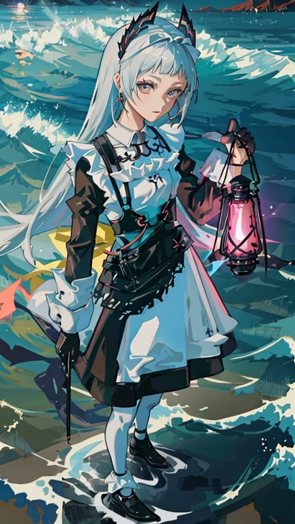 Anime girl standing in water with lantern carrying lantern, From Arknights, by Yang J, Guweiz in Pixiv ArtStation, trending on artstation pixiv, zerochan art, Guweiz on ArtStation Pixiv, dark fantasy style art, gothic maiden anime girl, Kushatt Krenz Key Art Women, Anime fantasy illustration,tmasterpiece,best qualtiy,Handsome,Guns and swords,The waves are rough