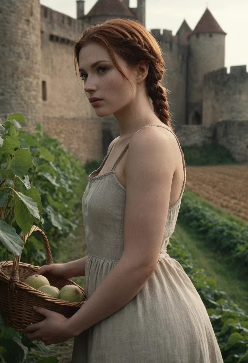 Cinematic Film Still, Medieval \(setting\), beautiful peasant woman, auburn hair, short braid hairstyle, pale skin, [light freckles], outdoors, picking crops, field, gloomy, overcast, cool color temperature, detailed skin texture, wearing soft linen Chemise, dramatic, dirty, castle wall in background, solo, cinematic lighting, muted color palette, shadow, 50mm, F/5.6 lens, ISO 1000, (extremely detailed), grim, gritty, Movie Still from Kingdom Come、(micro bikini 1.4)、