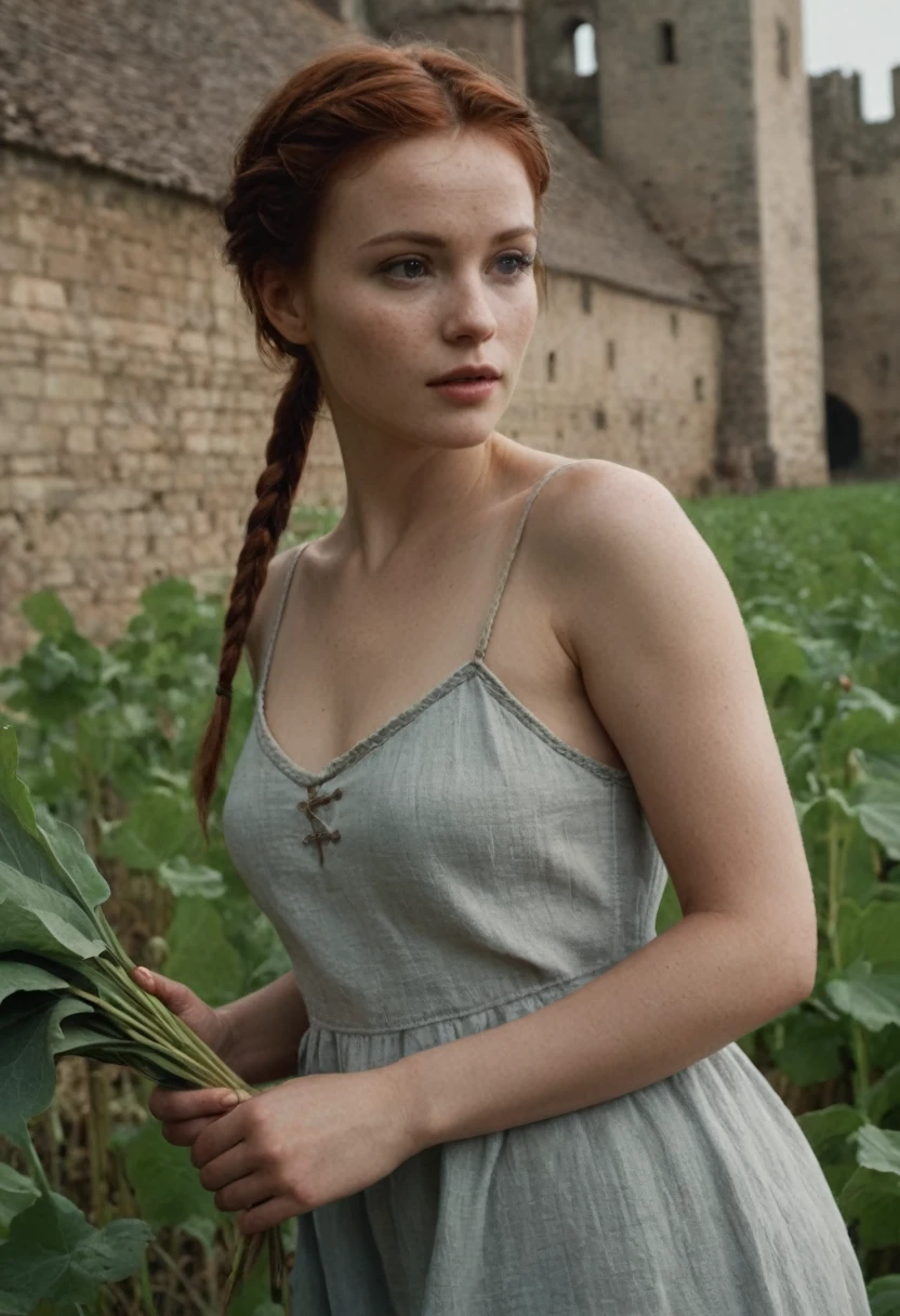 Cinematic Film Still, Medieval \(setting\), beautiful peasant woman, auburn hair, short braid hairstyle, pale skin, [light freckles], outdoors, picking crops, field, gloomy, overcast, cool color temperature, detailed skin texture, wearing soft linen Chemise, dramatic, dirty, castle wall in background, solo, cinematic lighting, muted color palette, shadow, 50mm, F/5.6 lens, ISO 1000, (extremely detailed), grim, gritty, Movie Still from Kingdom Come、(micro bikini 1.4)、