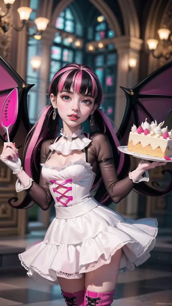 ((high quality)), ((Work of art)), (more detail), 1girl, succubus, centered, a girl with a bat wings, bakery utensils, award winning upper body portrait, cowboy shot, Draculaura_MH, solo, black half hair, pink half hair, multicolored hair, long hair, wave hair, braided hair, white shirt, pink skirt, black apron, pink knee boots, sad expression, bakery, gothic architecture, kitchen scenery, cooking a cake, white roses, depth of field, cinematic composition, half black hair, half soft pink hair, wave hair, a cake on the focus, white roses, showing a vampire fangs, Debutante dress, bat wings, white dress, white dress with transparency, pink laces, white gloves, white high socks, pink high hills boots, bat jewelry, jewelry, white roses on focus, Draculaura_(monster high), Monster High, looking at the viewer, more details on the clothes,