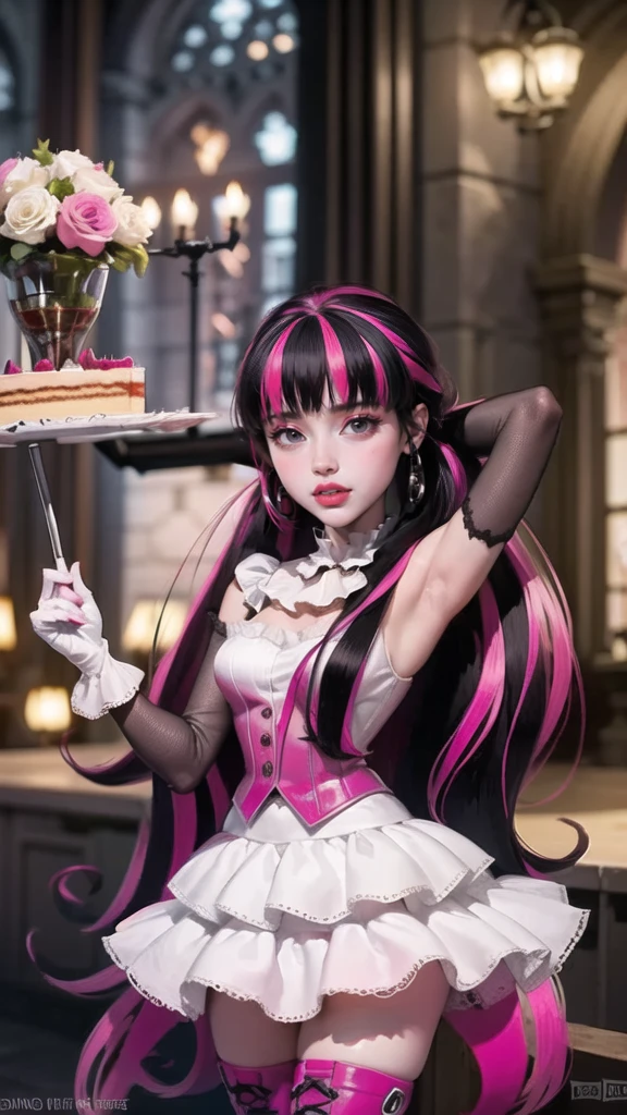 ((high quality)), ((Work of art)), (more detail), 1girl, succubus, centered, a girl with a bat wings, bakery utensils, award winning upper body portrait, cowboy shot, Draculaura_MH, solo, black half hair, pink half hair, multicolored hair, long hair, wave hair, braided hair, white shirt, pink skirt, black apron, pink knee boots, sad expression, bakery, gothic architecture, kitchen scenery, cooking a cake, white roses, depth of field, cinematic composition, half black hair, half soft pink hair, wave hair, a cake on the focus, white roses, showing a vampire fangs, Debutante dress, bat wings, white dress, white dress with transparency, pink laces, white gloves, white high socks, pink high hills boots, bat jewelry, jewelry, white roses on focus, Draculaura_(monster high), Monster High, looking at the viewer, more details on the clothes,