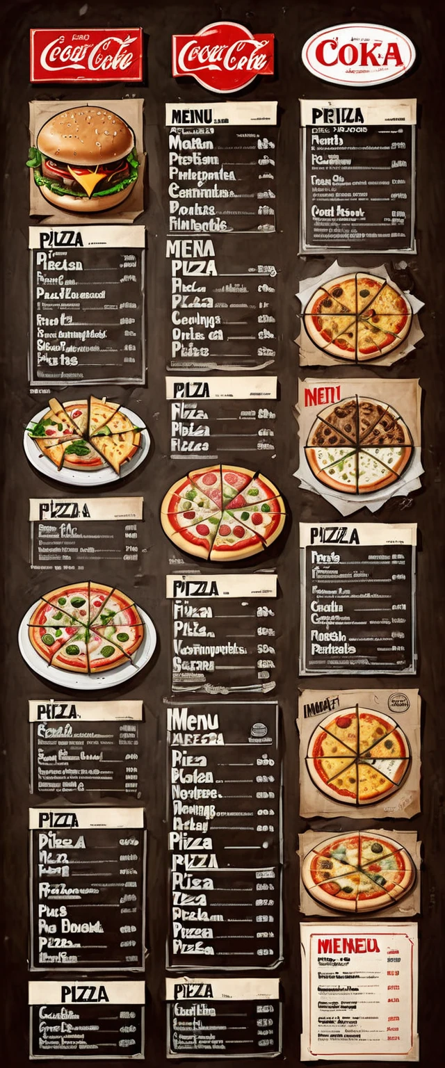 illustration of a restaurant menu, first picture: in the middle the word "menu" in big letters, in the corners of the picture burger, pizza, cappuccino, carbonated drink, hot dock, closed pizza,
second picture of the menu: dishes are arranged in staggered order: assorted pizzas, their names and prices, French fries, nuggets and prices, sodas (coke).