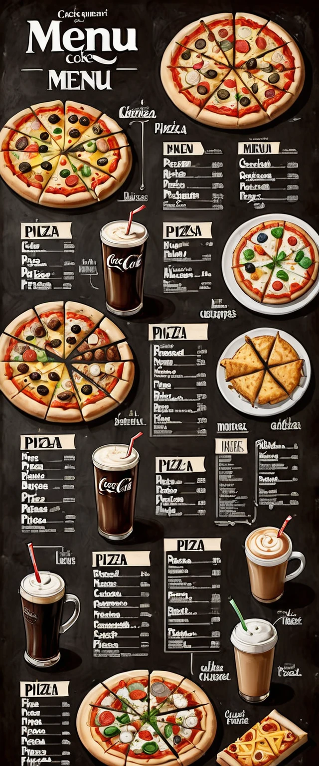 illustration of a restaurant menu, first picture: in the middle the word "menu" in big letters, in the corners of the picture burger, pizza, cappuccino, carbonated drink, hot dock, closed pizza,
second picture of the menu: dishes are arranged in staggered order: assorted pizzas, their names and prices, French fries, nuggets and prices, sodas (coke).