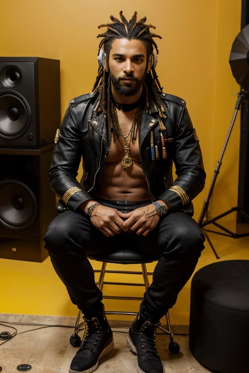 hombre moreno, mide 1.98 cm, es alto robusto con el abdomen un poco esponjoso, tiene dreadloks, usa pantalon militar y franela negra, usa botas de combate, tiene baquetas de bateria de oro en sus manos, sus dreads estan decorados con aros de oro, esta feliz, es super guapo y masculino, esta en un estudio de musica y al fondo se ve una bateria para tocar musica, robusto, muy alto, piel morena color mocachino, robusto un poquito gordito