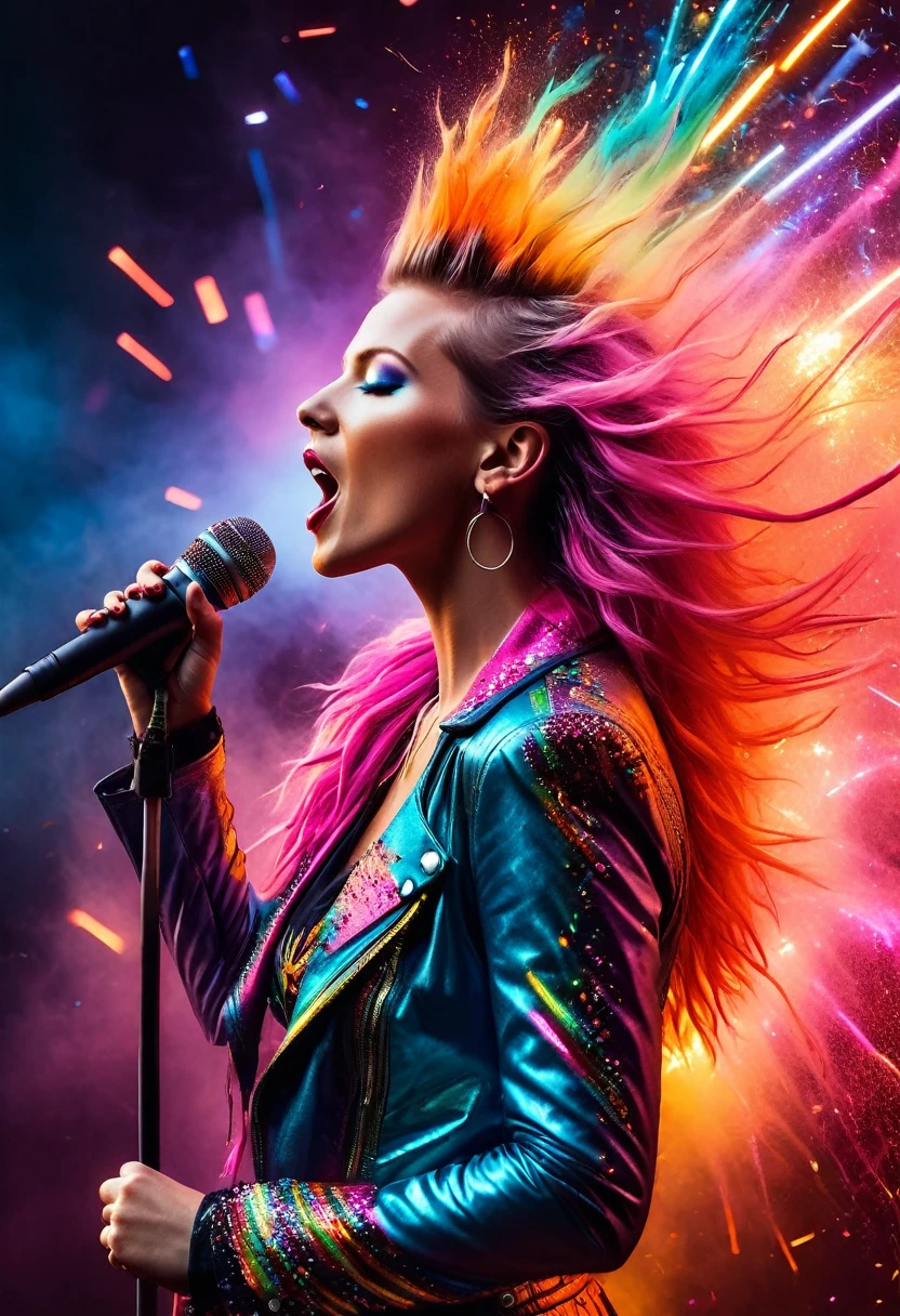 cyberpunk styled artist (singer), (rockstar),  (best image quality，4K,8k，HD，Meisterwerk:1.2)，Super detailliert，(lebensecht，lebensecht，lebensecht:1.37)。Kreative Tapetengestaltung，extremely beautiful，Buntes Konfetti explodiert wie Feuerwerk，（（（young singer，screaming in the mic，Buntes Konfetti spritzt aus dem Schlagzeug，Tanzen Sie zur Musikmelodie）））Energetische Bewegung，Dynamische und kraftvolle abstrakte Kunst，Bunt，Lebendige Regenbogenfarben，Cheerful and lively atmosphere，leuchtendes Orange，Rosa，Whimsical and dreamy，dunkler Hintergrund
