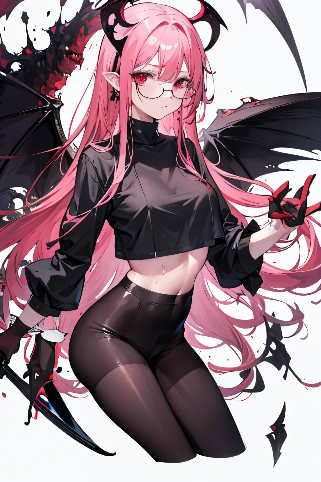 underdressing，Expression of disgust，Expression of disgust，Red Eyes，Sweat，Soaked，liquid，transparent，Cropped tops，succubus，pink，stocking，grid，Glasses，Black pantyhose