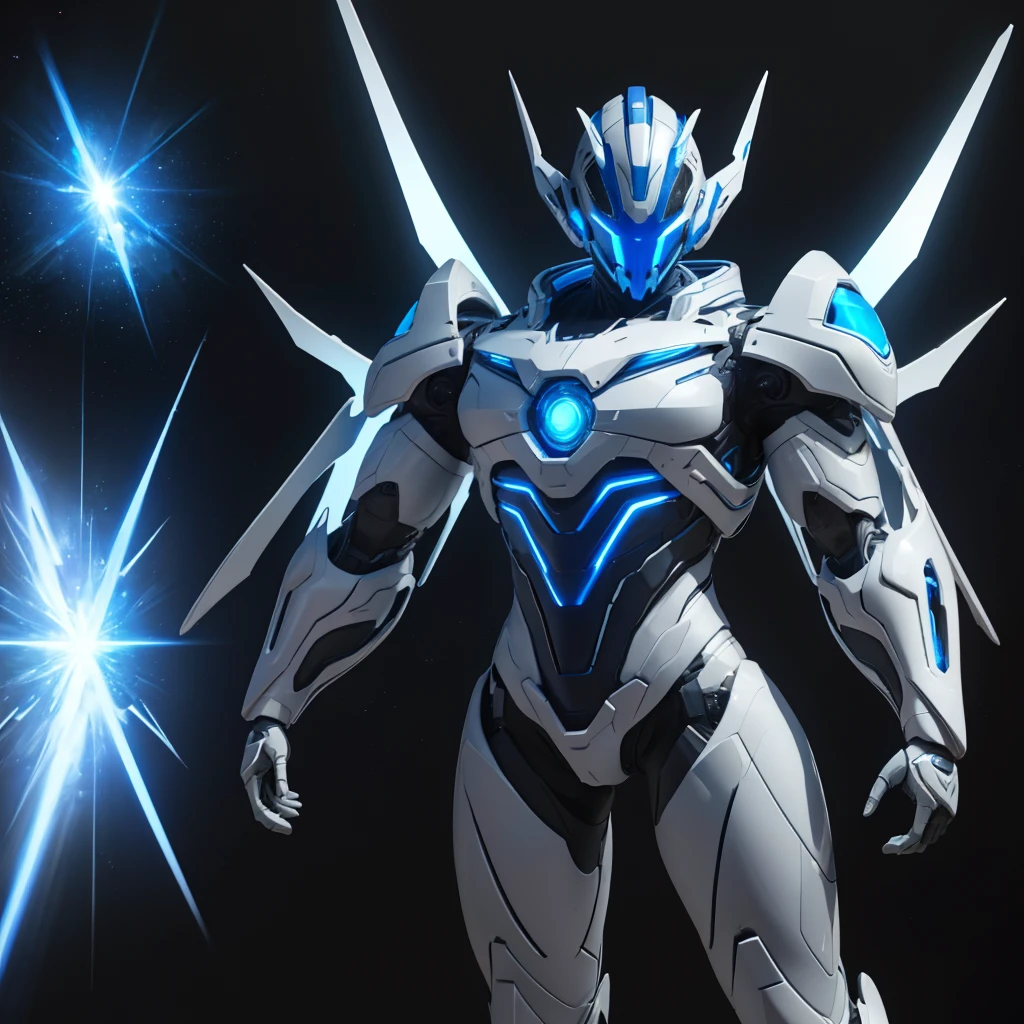 Dronificated unknown man in a fully enclosed white latex fullbody suit with blue lights across the suit and star shaped glowing core in the chest, fully enclosed cyber helmet that cover his whole face and hides his identity with a blue screen that has a white star, muscular, strong, with mechanical open wings, flying in the sky, no face, no hair, no mouth, no eyes, (perfect anatomy), (full body) (pov from below