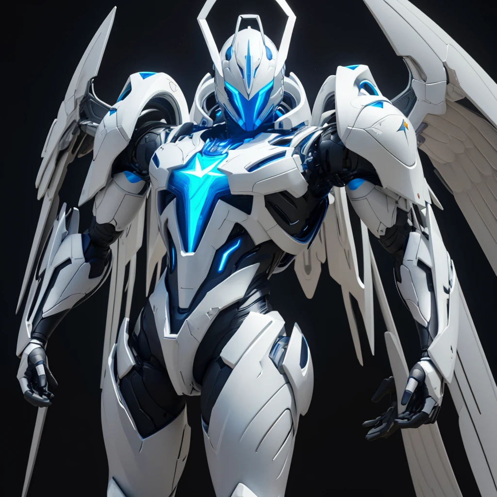 Dronificated unknown man in a fully enclosed white latex fullbody suit with blue lights across the suit and star shaped glowing core in the chest, fully enclosed cyber helmet that cover his whole face and hides his identity with a blue screen that has a white star, muscular, strong, with mechanical open wings, flying in the sky, no face, no hair, no mouth, no eyes, (perfect anatomy), (full body) (pov from below