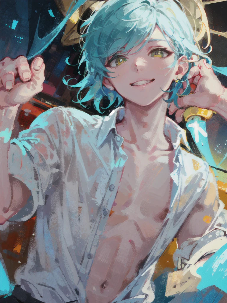 Angelic appearance, White Angelic Clothes, A very slightly unbuttoned white shirt, Star-shaped scars on the neck, The eyes are turquoise-green in color with yellow illumination and white pupils in the shape of a star, A small scar above the eye, Slightly unbuttoned shirt, Shining white hair reaches the jaw separates, becomes longer up to the coccyx, beautiful guy, skinny body, smile, cute lips, extremely beautiful guy smiling, angel aesthetic, guy