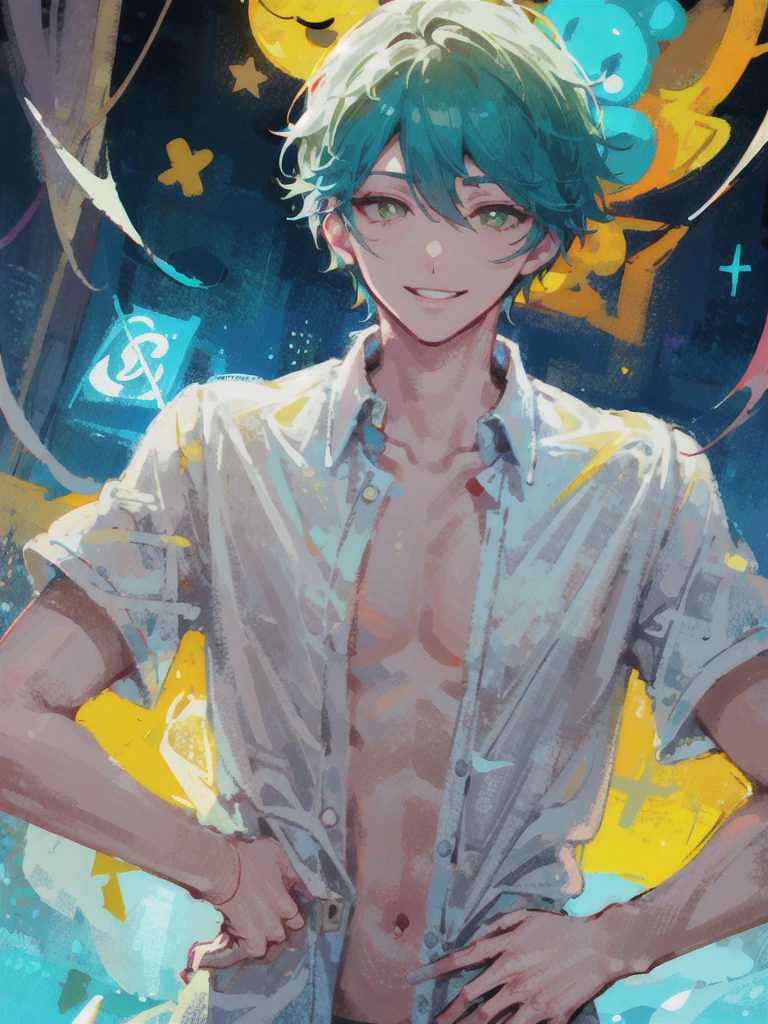 Angelic appearance, White Angelic Clothes, A very slightly unbuttoned white shirt, Star-shaped scars on the neck, The eyes are turquoise-green in color with yellow illumination and white pupils in the shape of a star, A small scar above the eye, Slightly unbuttoned shirt, Shining white hair reaches the jaw separates, becomes longer up to the coccyx, beautiful guy, skinny body, smile, cute lips, extremely beautiful guy smiling, angel aesthetic, guy