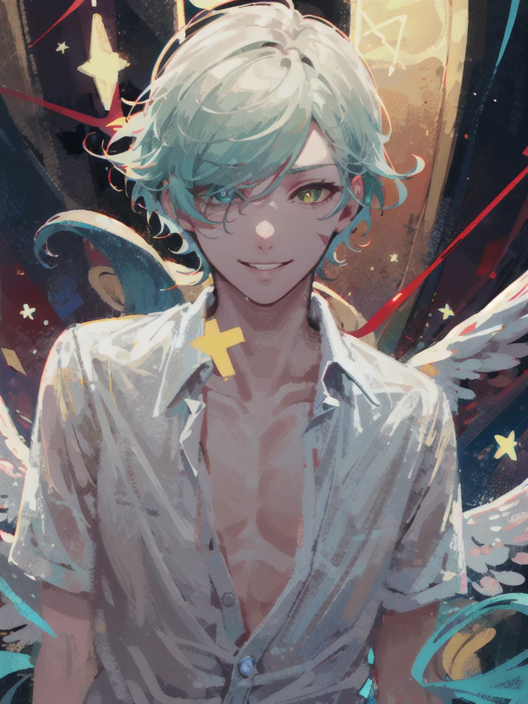 Angelic appearance, White Angelic Clothes, A very slightly unbuttoned white shirt, Star-shaped scars on the neck, The eyes are turquoise-green in color with yellow illumination and white pupils in the shape of a star, A small scar above the eye, Slightly unbuttoned shirt, Shining white hair reaches the jaw separates, becomes longer up to the coccyx, beautiful guy, skinny body, smile, cute lips, extremely beautiful guy smiling, angel aesthetic, guy