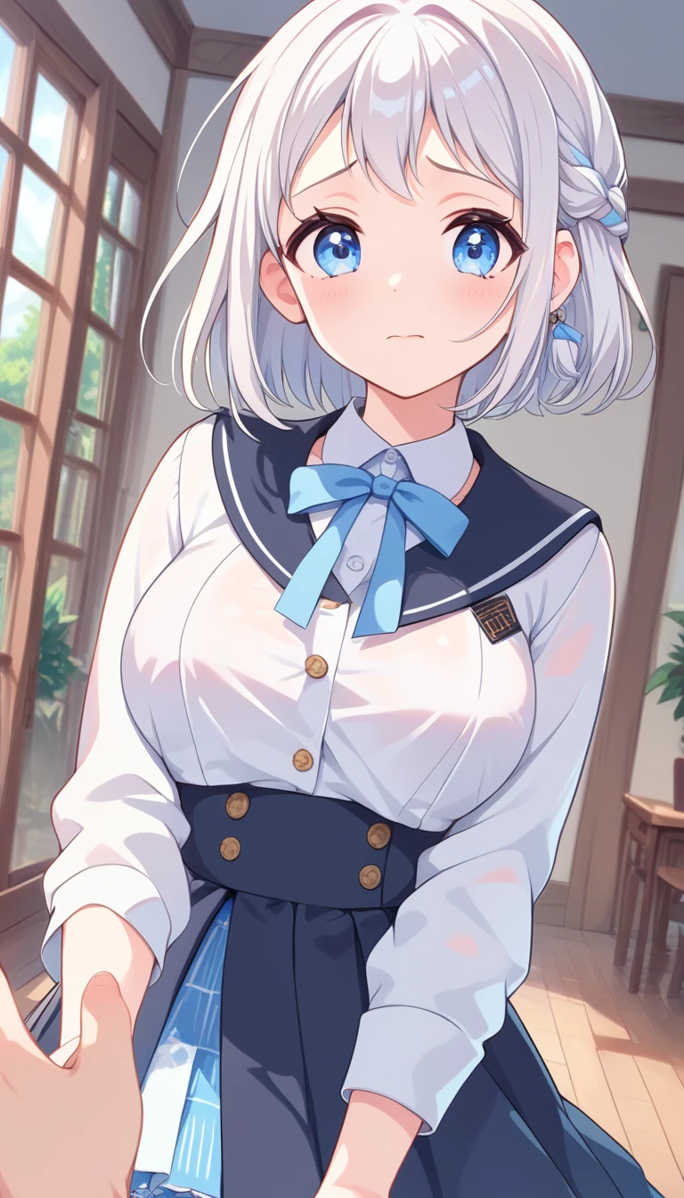 16k,1girl, katsuragi lilja,blue eyes,white hair,short hair,braid,,sailor collar,neck ribbon, white shirt,layered skirt,high-waist skirt,pov,looking view,blush,embarrassed,(big breast),Open-chested cleavege,breast focus,NSFW,beautiful face,beautiful eyes,details eyes