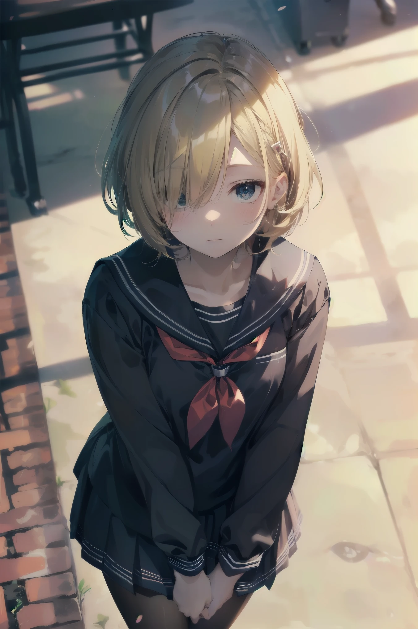 highest quality, anime moe art style,Best Anime 8K Kona-chan Wallpaper,Pixiv contest winners,perfect anatomy, (Please draw a girl walking sleepily to school.. ),break, 1 girl, (alone,,,13 years old:1.3),high school student, short hair, amount, (hair above one eye:1.7), frown,All limbs, full finger,medium breasts, between legs, small eyes,Precise black eyes, hair clip, (sailor suit:1.5),(school uniform:1.5) skirt,On the way to school. break,Super detailed,High resolution,super dense skin, professional lighting,8K eye details, (cute illustration:1.2),blonde,blonde hair,No expression,(hair over one eye:1.5),sailor uniform