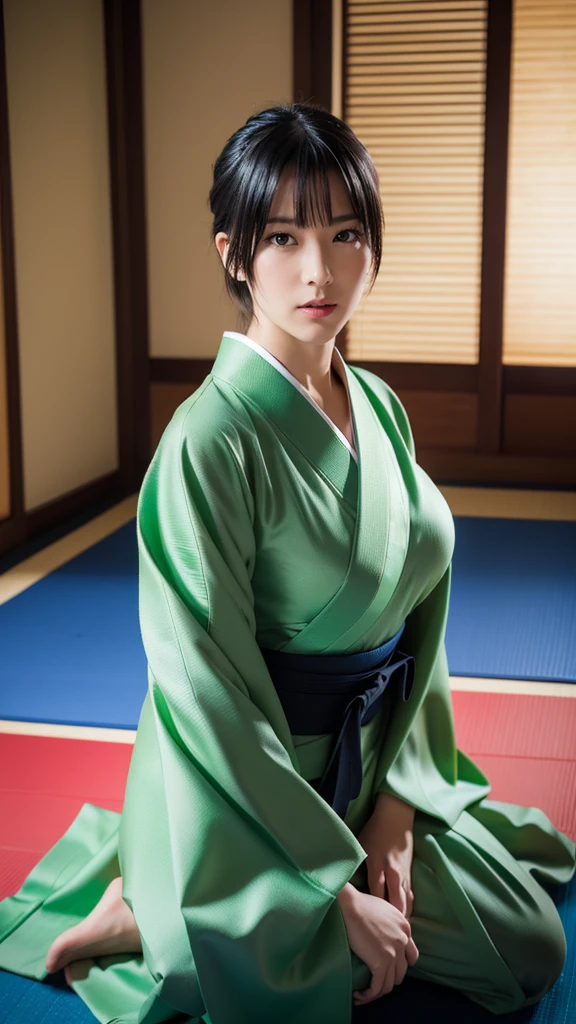 フォトReal、Masseter muscle、Highest quality、High resolution、RAW Photos、Real、Bright lighting、Facial lighting、Smooth Professional Lighting、Japanese women、Beauty、model、gravure、sexy、超Beauty、Real beautiful skin、Beautifully detailed eyes、、slim、Medium sized big breasts、short hair、Black Hair、Green Eyes、looking at the camera、👘kimono、kimono、Kendo Doshi、Aikido uniform、Black Hakama、Tatami room、
Photo pose、Seductive pose on tatami mat、fubuki、Provocative pose、Sweaty hands and feet、🐙Octopus touching the body、
