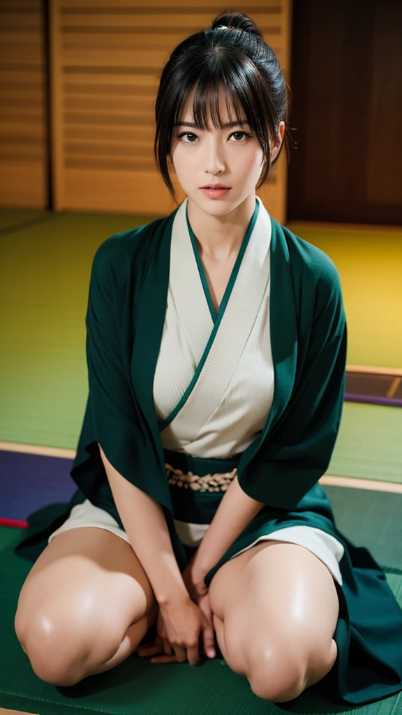 フォトReal、Masseter muscle、Highest quality、High resolution、RAW Photos、Real、Bright lighting、Facial lighting、Smooth Professional Lighting、Japanese women、Beauty、model、gravure、sexy、超Beauty、Real beautiful skin、Beautifully detailed eyes、、slim、Medium sized big breasts、short hair、Black Hair、Green Eyes、looking at the camera、👘kimono、kimono、Kendo Doshi、Aikido uniform、Black Hakama、Tatami room、
Photo pose、Seductive pose on tatami mat、fubuki、Provocative pose、Sweaty hands and feet、🐙Octopus touching the body、