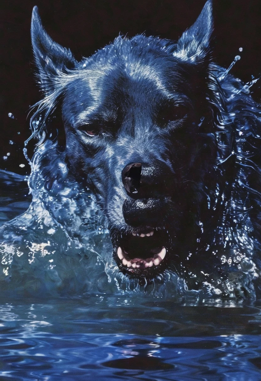 giant angry dog in water at night, blue background
