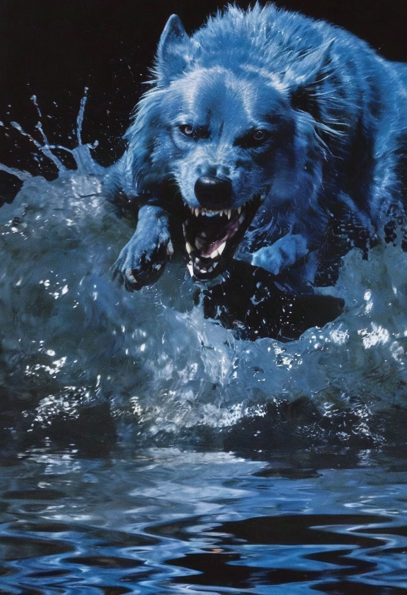 giant angry dog in water at night, blue background