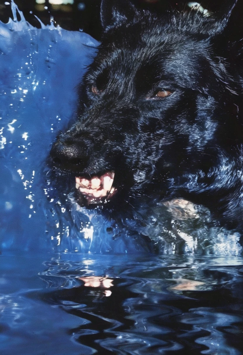 giant angry dog in water at night, blue background