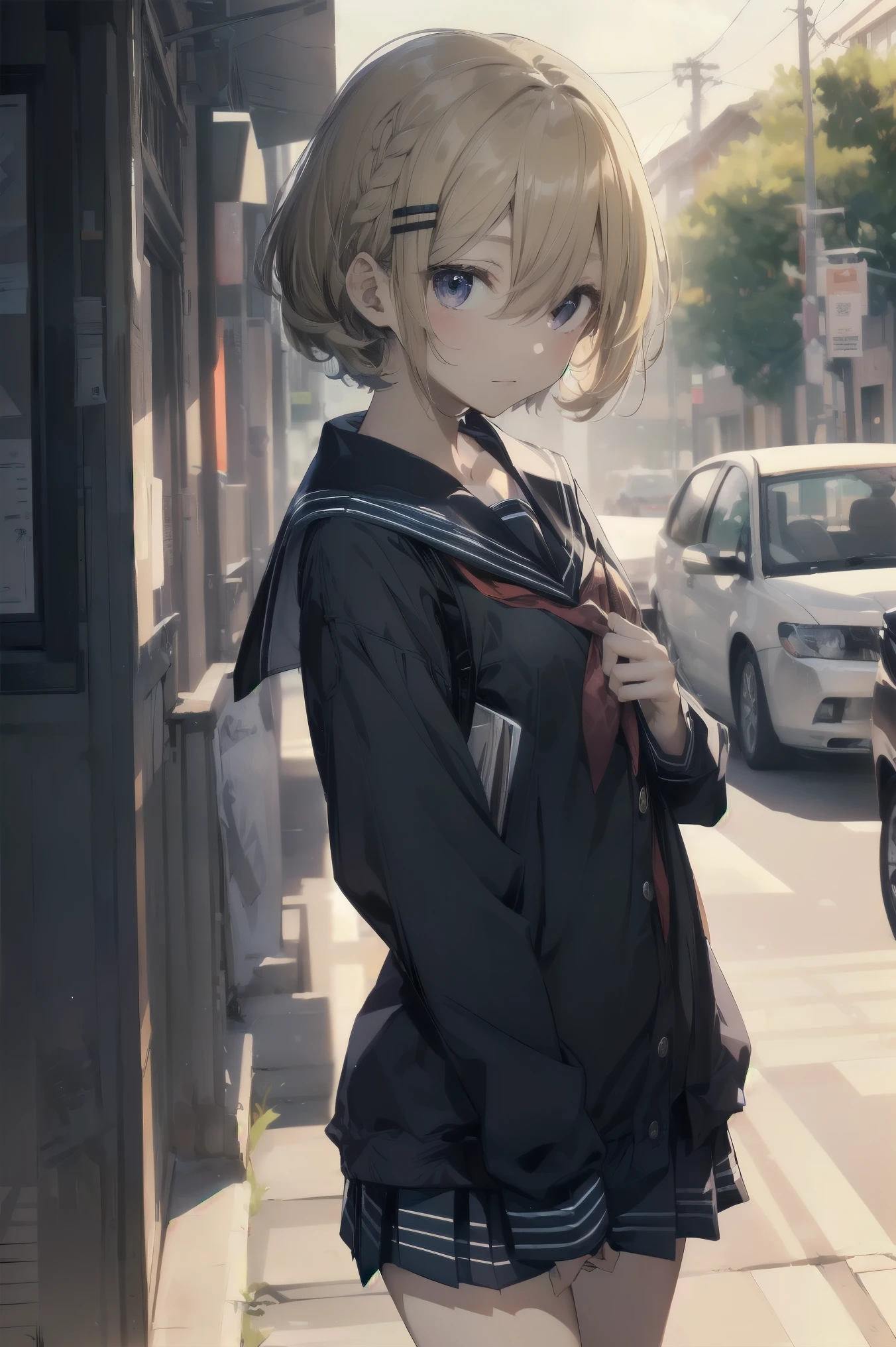 highest quality, anime moe art style,Best Anime 8K Kona-chan Wallpaper,Pixiv contest winners,perfect anatomy, (Please draw a girl walking sleepily to school.. ),break, 1 girl, (alone,,,s old:1.3),high school student, short hair, amount, (hair above one eye:1.7), frown，All limbs, full finger,medium breasts, between legs, small eyes,Precise black eyes, hair clip, (sailor suit:1.5),(school uniform:1.5) skir the way to school. break,Super detailed,High resolution,super dense skin, professional lighting,8K eye details, (cute illustration:1.2),blonde，blonde hair，No expression，(hair over one eye:1.5)，sailor uniform