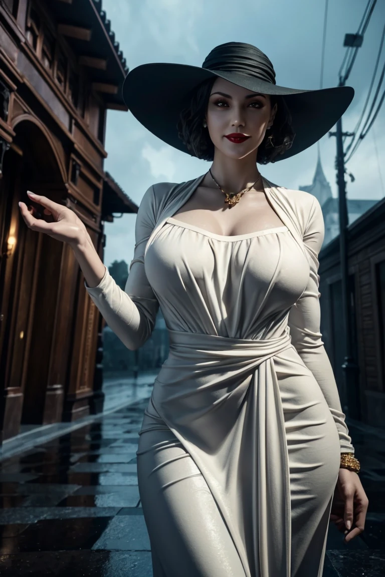 Resident Evil 8,Madame Dumitrescu,Short Hair,Pure white skin,Golden eyes,tall,White long dress,Black hat, black rose brooch,Photorealistic,Ultra HD,high quality,masterpiece,Digital SLR,Detailed details,Intricate details,Anatomical basis,Depicted in detail,A detailed face,Realistic skin texture,Vivid details,Perfect Anatomy,Perfect Anatomy,Anatomically correct hand,Anatomically correct fingers,Super Detail,Complex 3D rendering,Sexy pose,Rainy Sky,Beautiful scenery,Fantastic rainy sky,Picturesque,Red Lip,smile,
