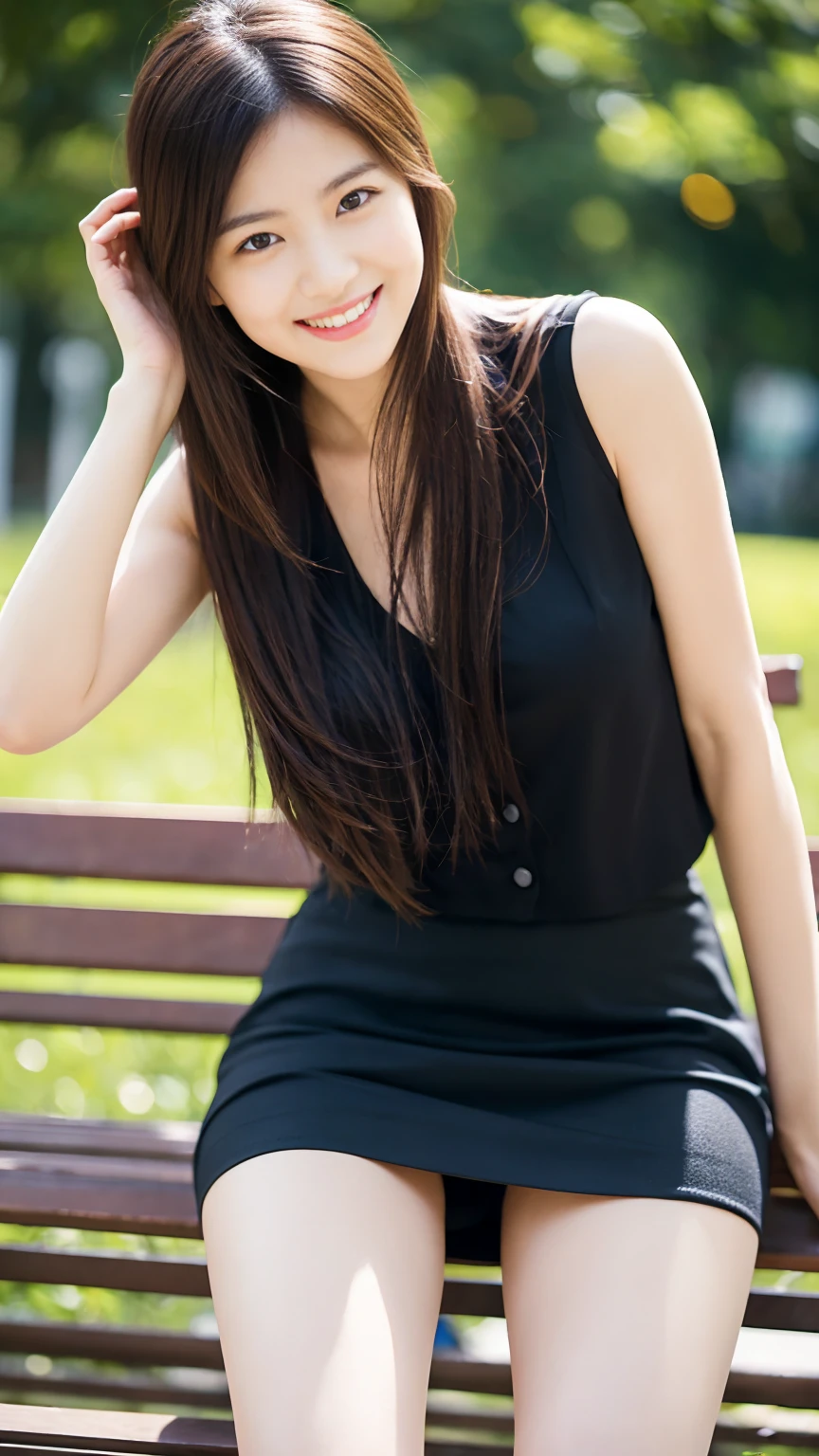Japanese office lady、Sleeveless Shirt、lunch、sitting on a park bench、smile、Tight mini skirt、masterpiece,best quality,ultra detailed,highres,high-resolution,4k,realistic,RAW photo,((real person)),portrait photography,photorealistic,detailed skin,(delicate black eyes ), A soothing woman with sagging eyes,Calm and calm, middle hair,skinny,clothing,The wind is blowing,tareme、Beautiful legs、Small shirt、Panty shot、((Knees are higher than hips))、White shorts