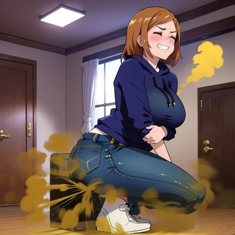 HD, high quality, high resolution, ultrahd, Nobara Kugisaki, 1female, wearing default outfit, dark blue hoodie, white pants, default hair, brown hair, very tall body, thin body, massive fart, yellow smoke, velocity, closed eyes, forcing, struggling, struggle face, blush leaning, embarrassed, smiling, clenching teeth, alone in a room, beautiful lighting, highlights