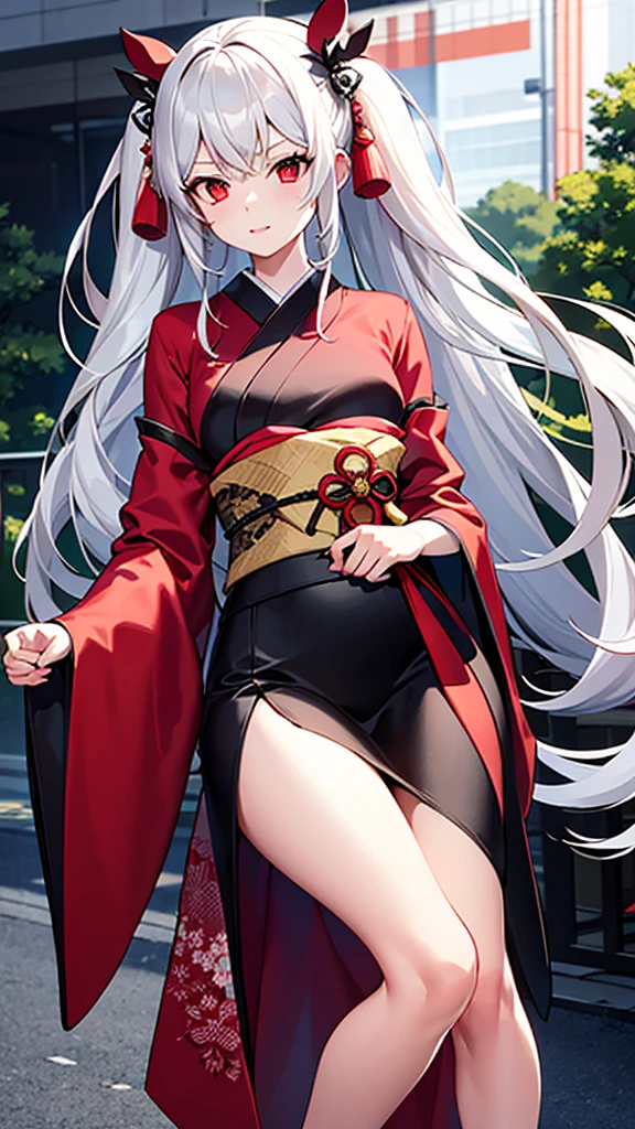 A female with long white hair and red eyes,wearing a black and red kimono 