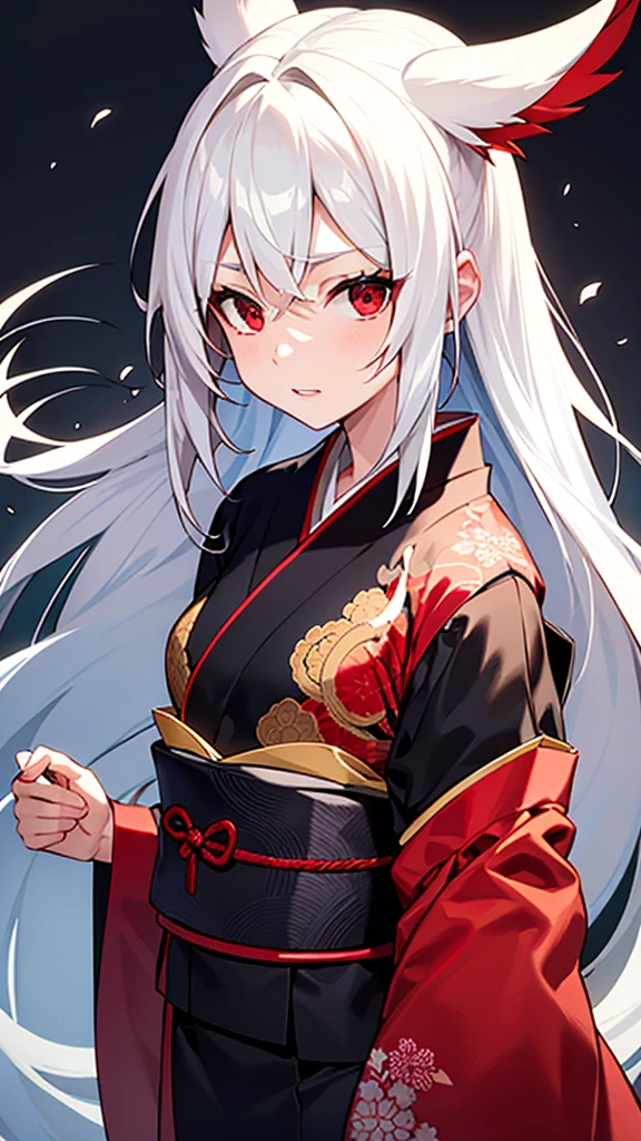 A female with long white hair and red eyes,wearing a black and red kimono