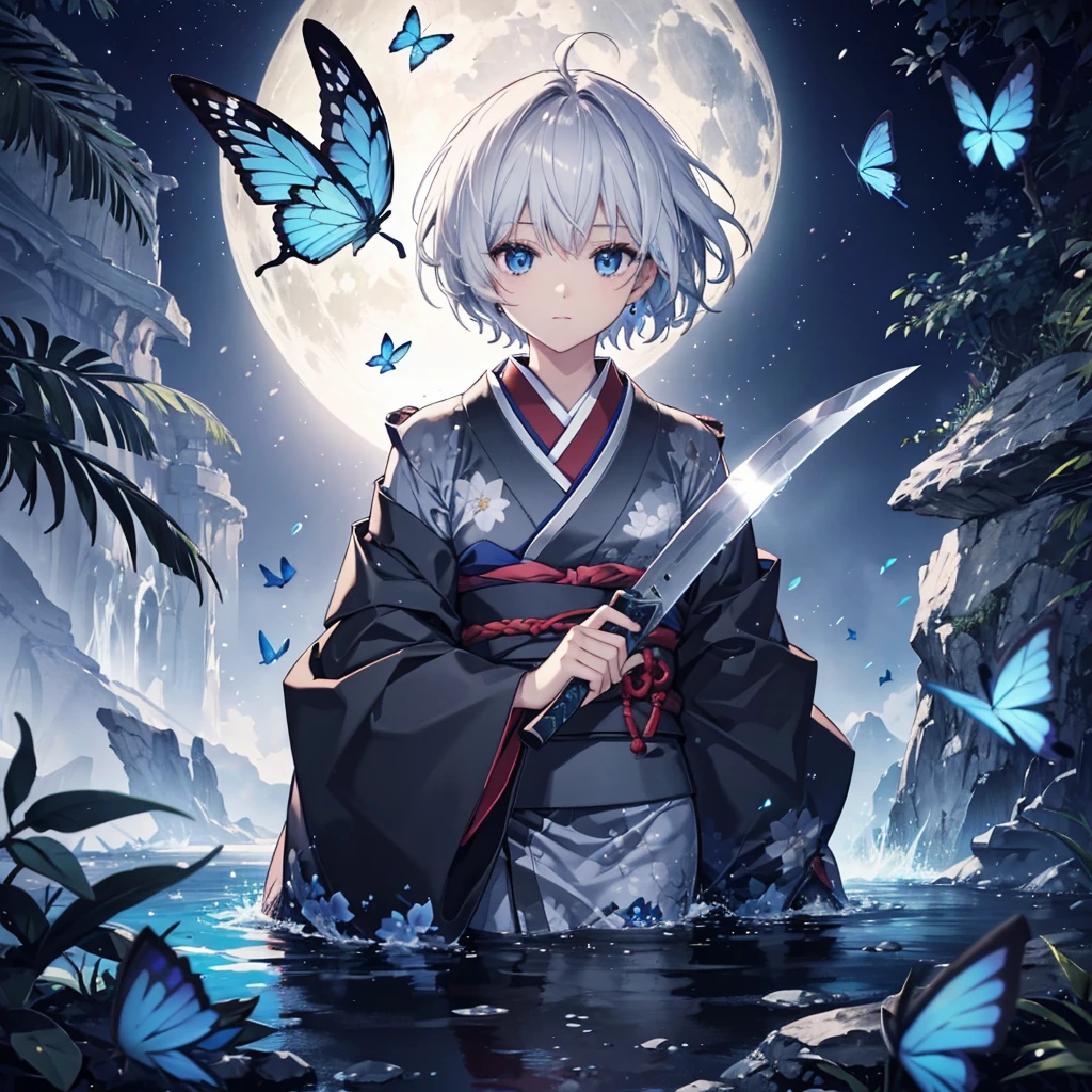 (((1 person)))　((High resolution　Gray Hair　short hair　Black kimono　Shoulder))　((Black Band　military commander　Lonely　despair　blue eyes))　((Blue Butterfly　night　Japanese style　old　Shining Aura　garden　water surface))　(dance　日本knife　knife　Slashing)　moon　star　Draw your sword　Slashing　Catch the wind　