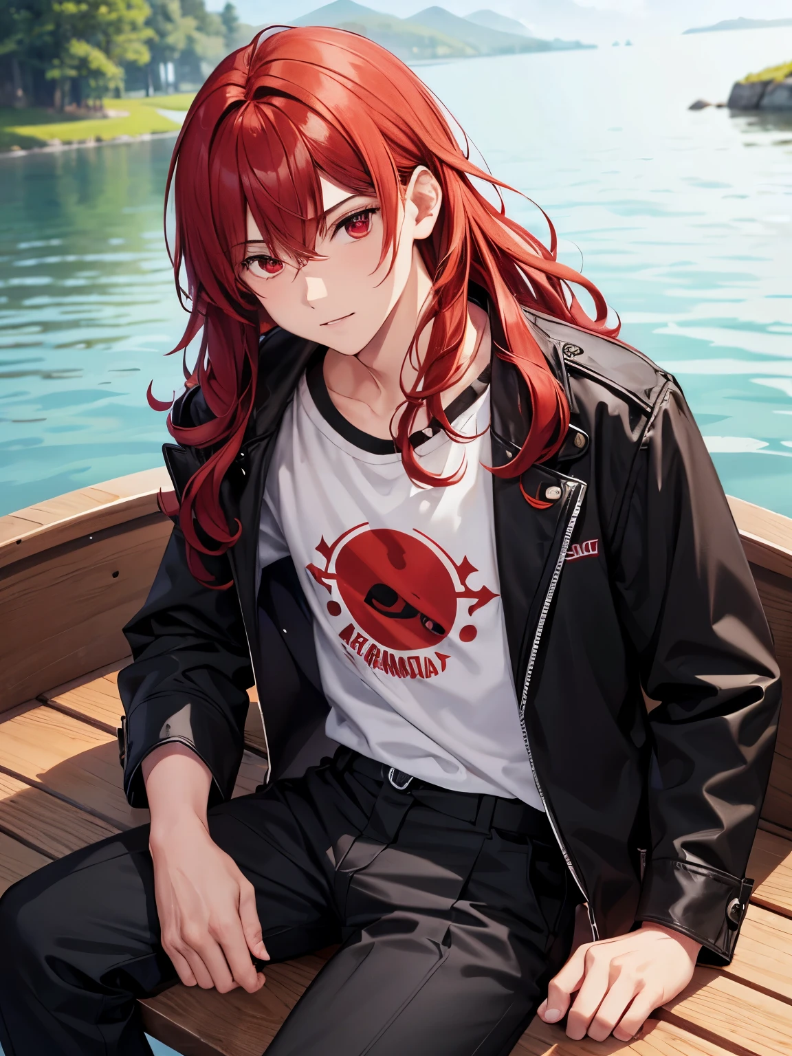 1boy,18 years old,Sitting in a wooden boat, on a lake,cool,slight smile,middle parted hairstyle,Standing facing backwards,talking,Curly hair, red hair, red eyes, long hair, vampire, handsome,,close up photo,White t-shirt, black jacket,black jacket,,black trousers