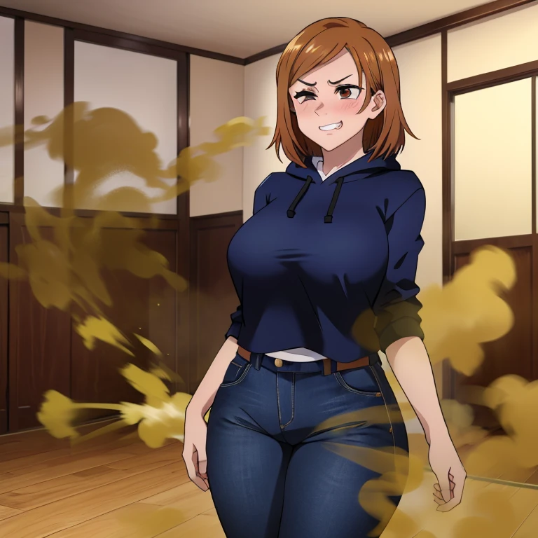 HD, high quality, high resolution, ultrahd, Nobara Kugisaki, 1female, wearing default outfit, dark blue hoodie, white pants, default hair, brown hair, very tall body, thin body, massive fart, yellow smoke, velocity, 1 eye closed, 1 eye opened, forcing, struggling, struggle face, blush leaning, embarrassed, smiling, clenching teeth, alone in a room, beautiful lighting, highlights