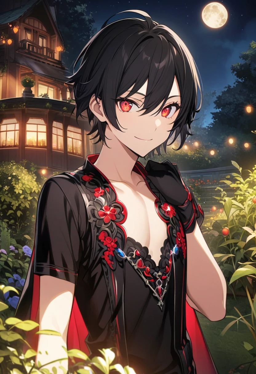 Aether \(AKB0048 Next Stage\), (short hair), (black hair), (bejeweled eyes), (red eyes):1.2, black costume, smiling gently, ((ultra-detailed)), ((illustration)), (neat hair)), (beautiful detailed eyes), (male), 1boy, ((garden, night, moon)), looking at viewer