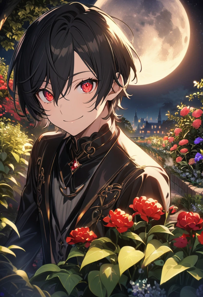 Aether \(AKB0048 Next Stage\), (short hair), (black hair), (bejeweled eyes), (red eyes):1.2, black costume, smiling gently, ((ultra-detailed)), ((illustration)), (neat hair)), (beautiful detailed eyes), (male), 1boy, ((garden, night, moon)), looking at viewer